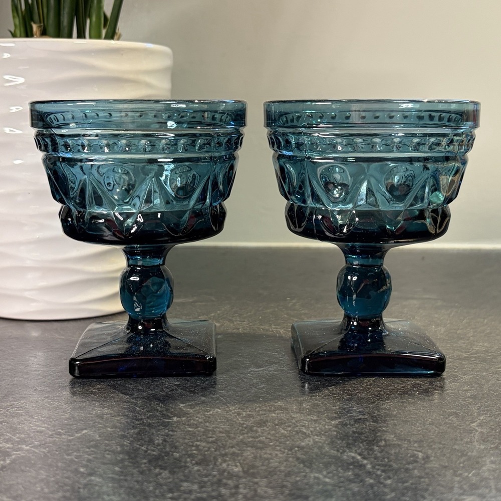 2- Colony By Indiana Glass Park Lane Blue Tall Sherbet Champagne Glasses EUC